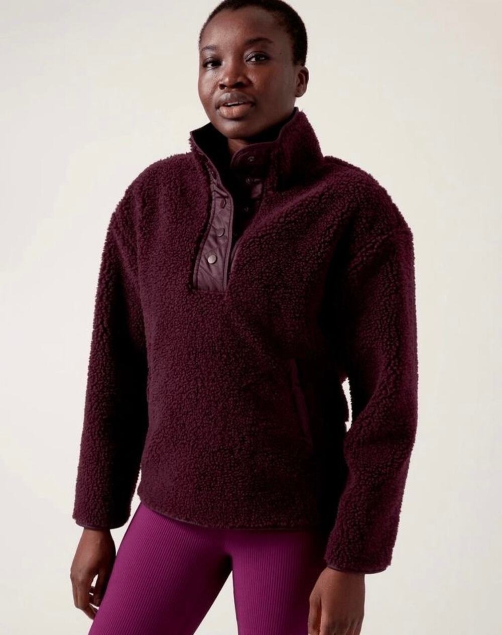 ATHLETA Womens Cozy Sherpa Snap Neck Sweatshirt $149 NEW Size XL Pullover Maroon